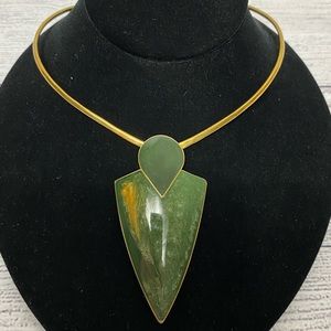 Necklace, earring clip-on lapel pin and bracelet.  Green stone